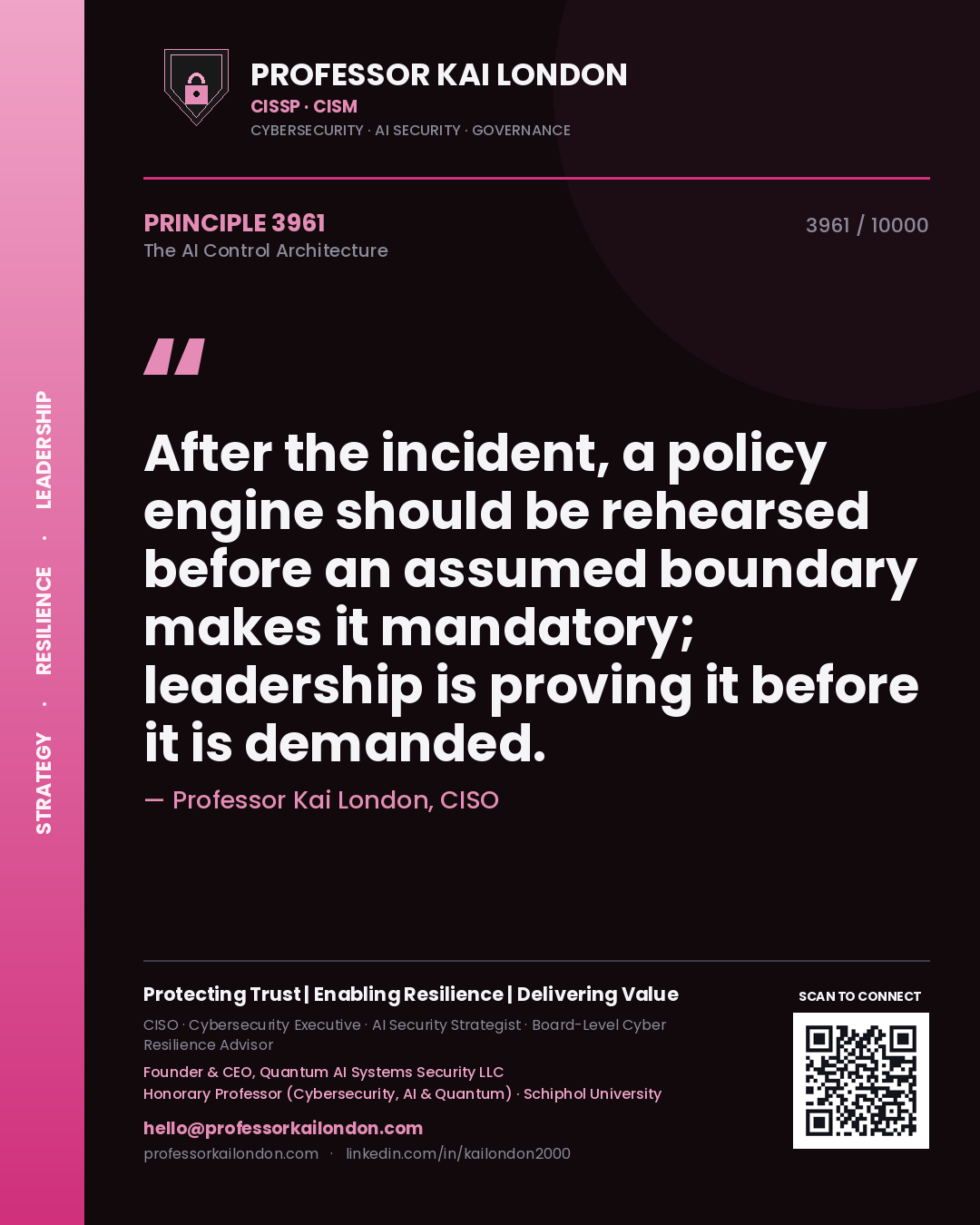 Professor Kai London principle 3961: After the incident, a policy engine should be rehearsed before an assumed boundary makes it mandatory; leadership is proving it before it is demanded.