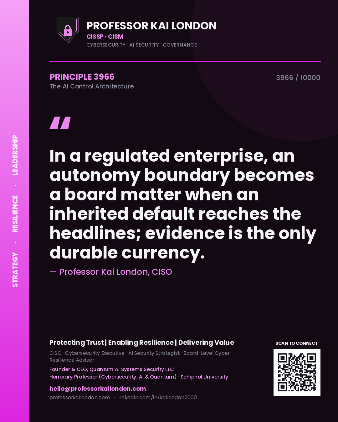 Professor Kai London principle 3966: In a regulated enterprise, an autonomy boundary becomes a board matter when an inherited default reaches the headlines; evidence is the only durable currency.