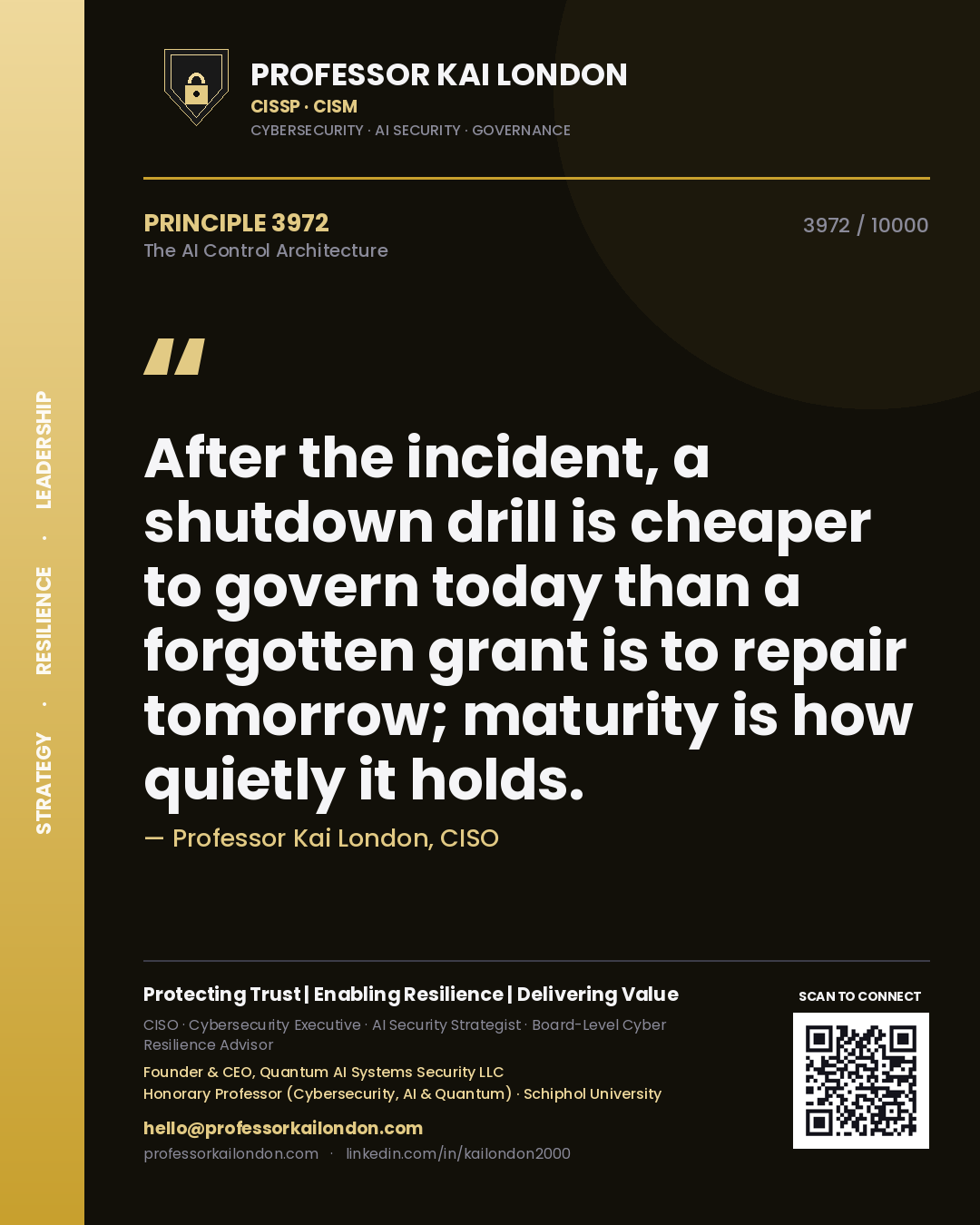 Quote card by Professor Kai London reading 'After the incident, a shutdown drill is cheaper to govern today than a forgotten grant is to repair tomorrow; maturity is how quietly it holds.'. From the book The AI Control Architecture.
