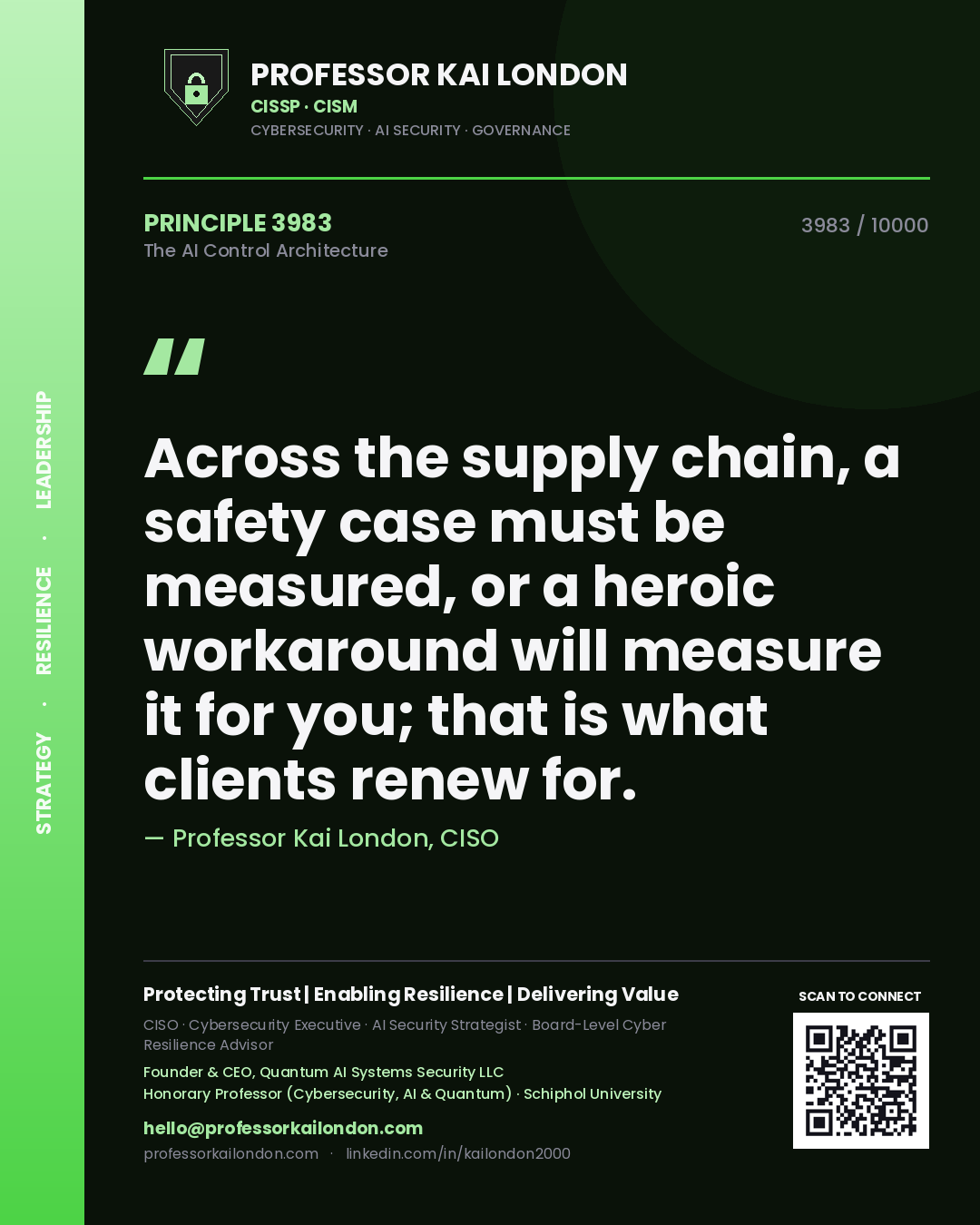 Quote card by Professor Kai London reading 'Across the supply chain, a safety case must be measured, or a heroic workaround will measure it for you; that is what clients renew for.'. From the book The AI Control Architecture.