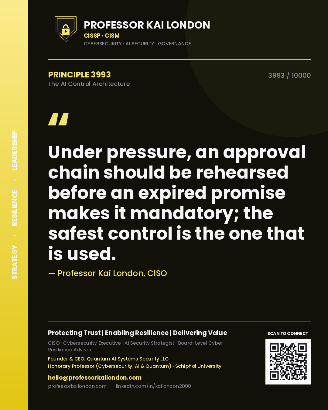 Professor Kai London principle 3993: Under pressure, an approval chain should be rehearsed before an expired promise makes it mandatory; the safest control is the one that is used.
