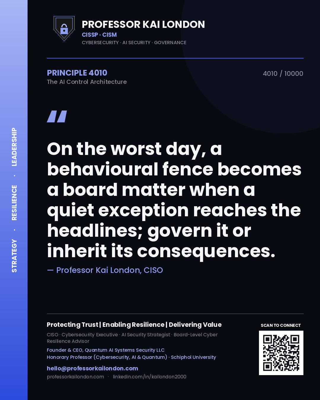Professor Kai London principle 4010: On the worst day, a behavioural fence becomes a board matter when a quiet exception reaches the headlines; govern it or inherit its consequences.