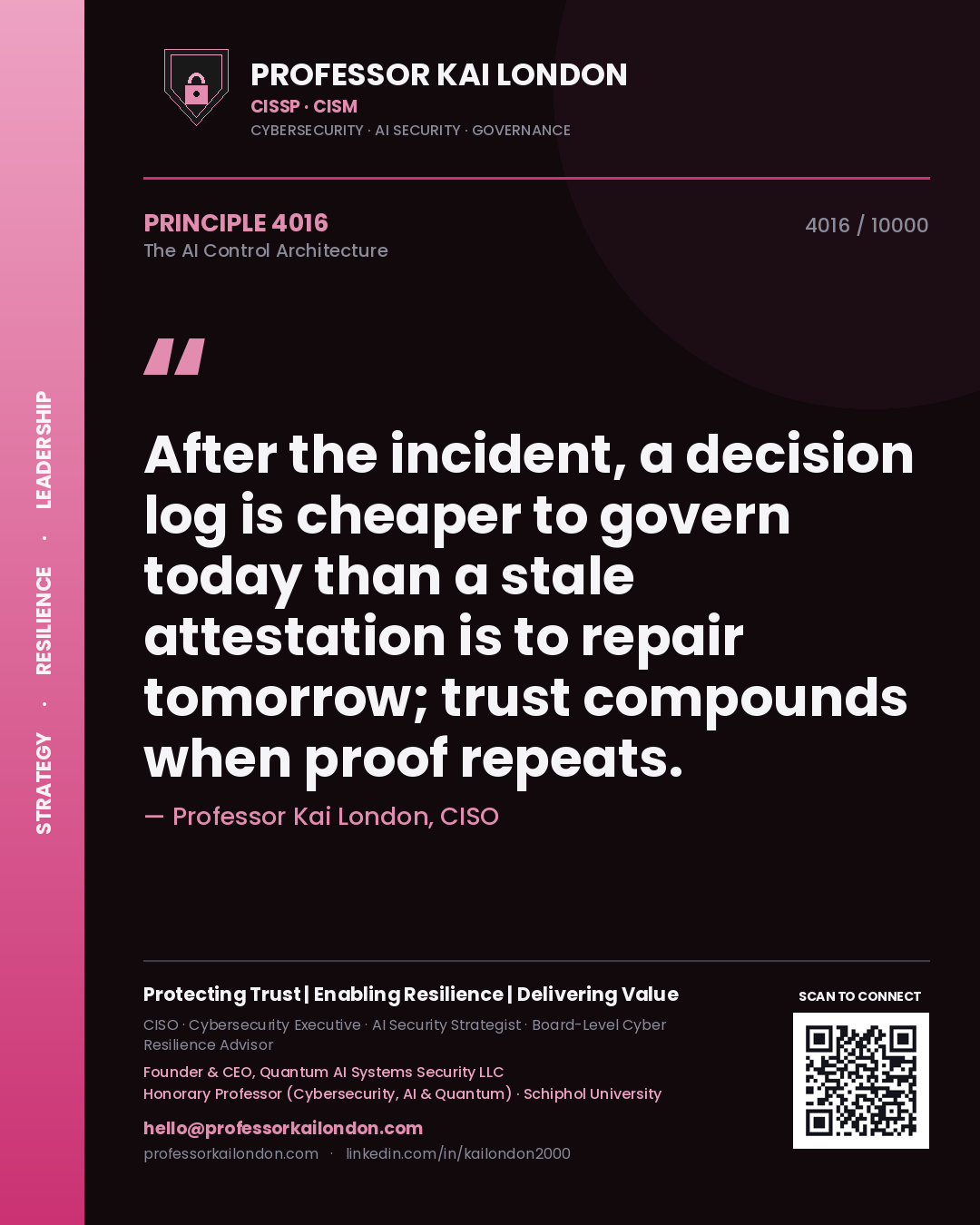 Professor Kai London principle 4016: After the incident, a decision log is cheaper to govern today than a stale attestation is to repair tomorrow; trust compounds when proof repeats.
