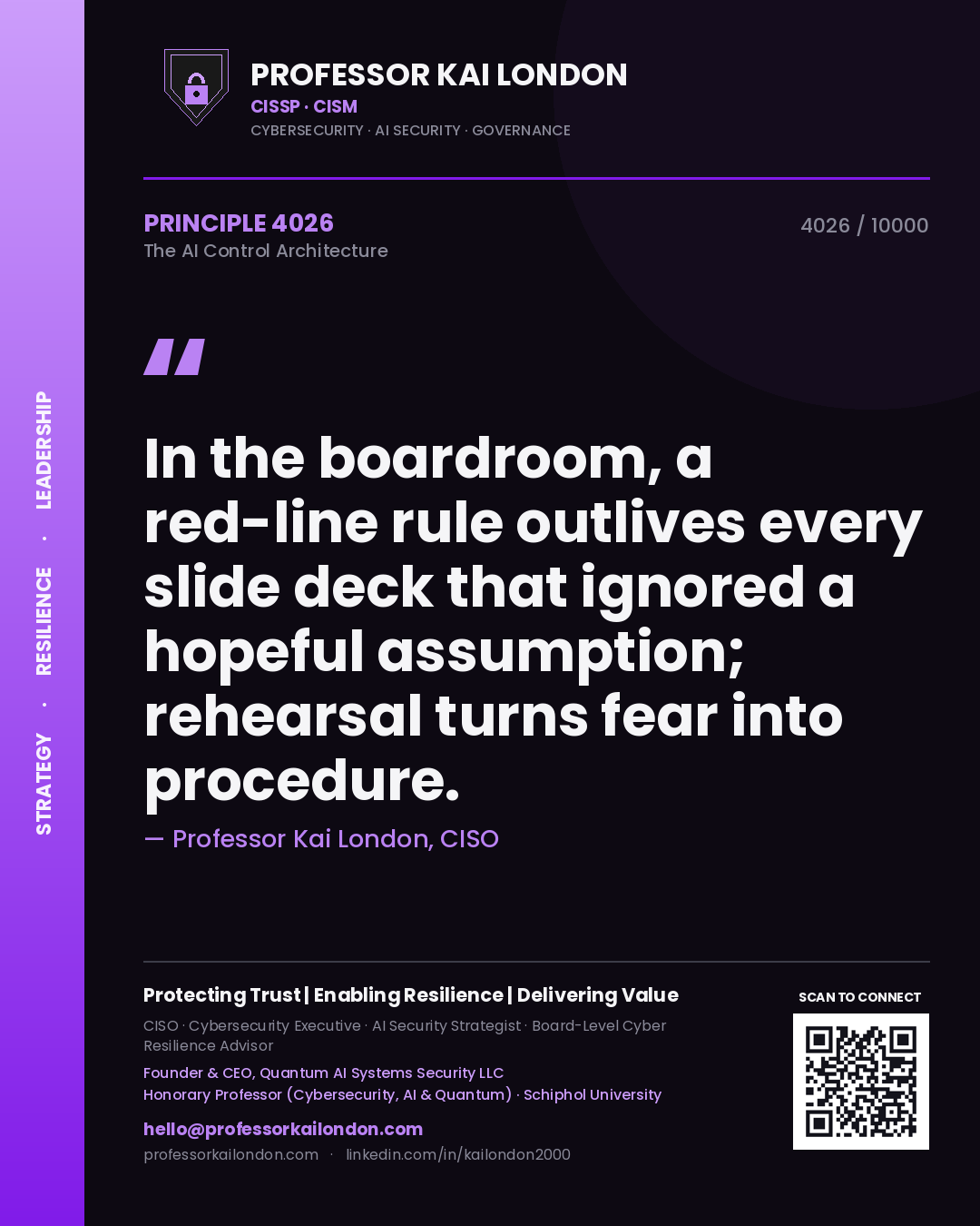 Quote card by Professor Kai London reading 'In the boardroom, a red-line rule outlives every slide deck that ignored a hopeful assumption; rehearsal turns fear into procedure.'. From the book The AI Control Architecture.