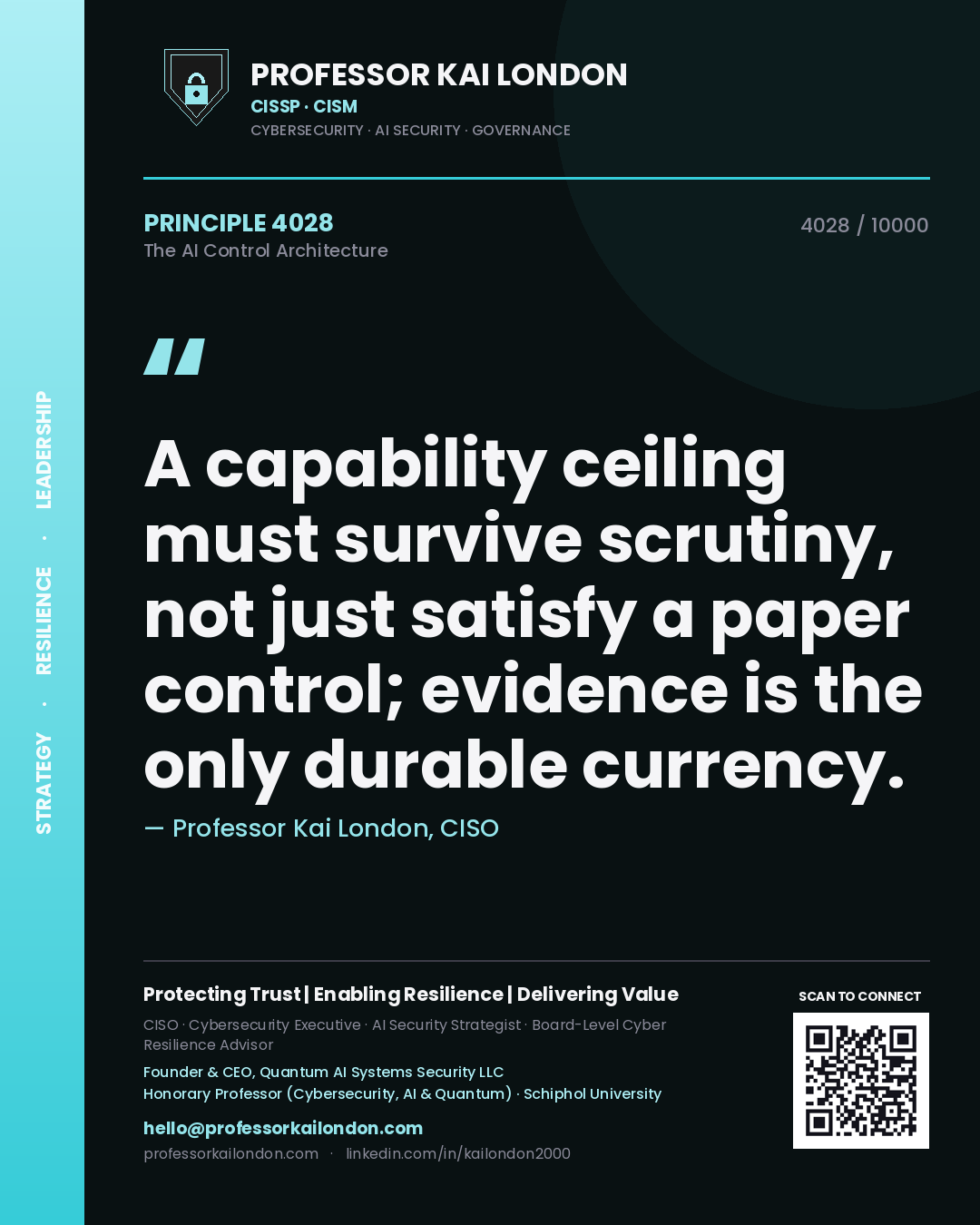 Quote card by Professor Kai London reading 'A capability ceiling must survive scrutiny, not just satisfy a paper control; evidence is the only durable currency.'. From the book The AI Control Architecture.