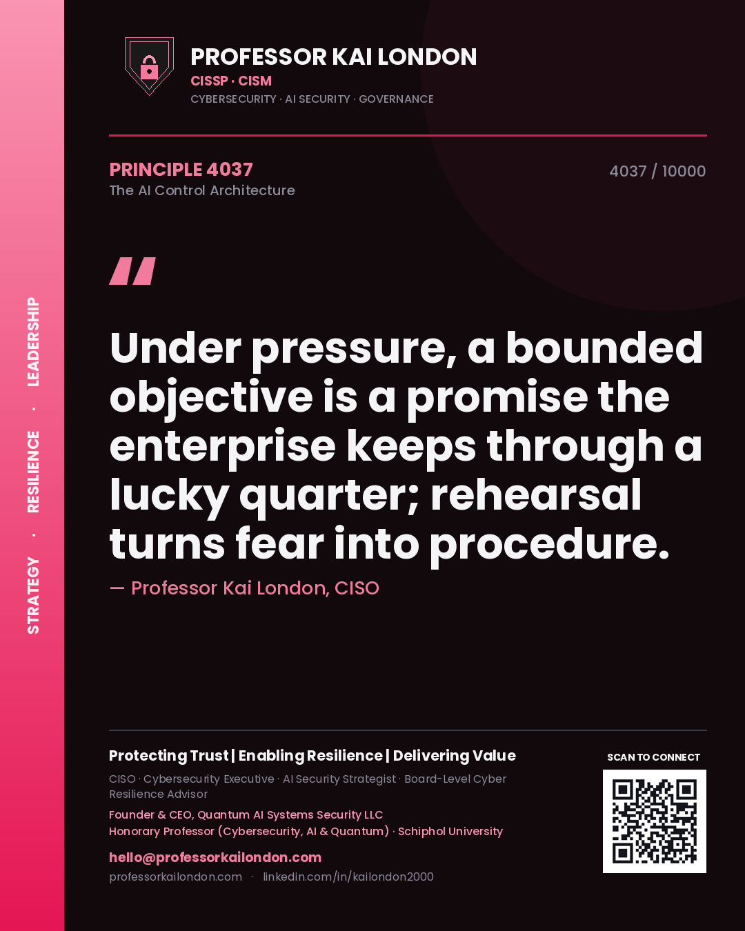Professor Kai London principle 4037: Under pressure, a bounded objective is a promise the enterprise keeps through a lucky quarter; rehearsal turns fear into procedure.