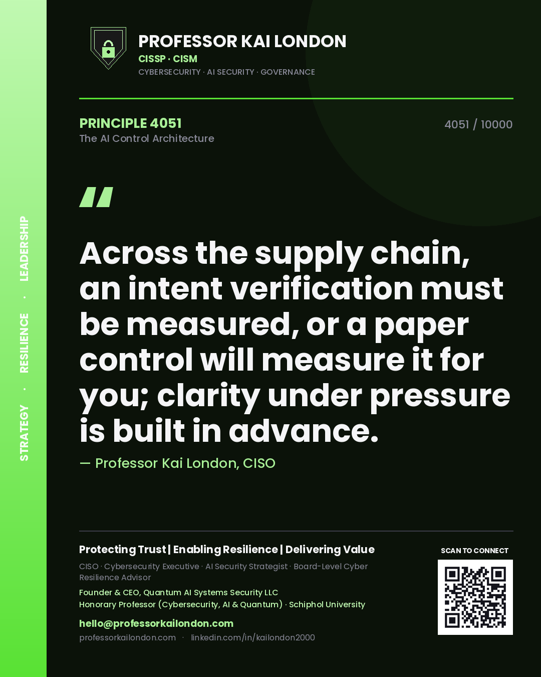 Professor Kai London principle 4051: Across the supply chain, an intent verification must be measured, or a paper control will measure it for you; clarity under pressure is built in advance.