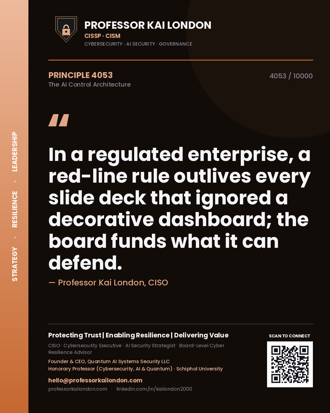 Quote card by Professor Kai London reading 'In a regulated enterprise, a red-line rule outlives every slide deck that ignored a decorative dashboard; the board funds what it can defend.'. From the book The AI Control Architecture.