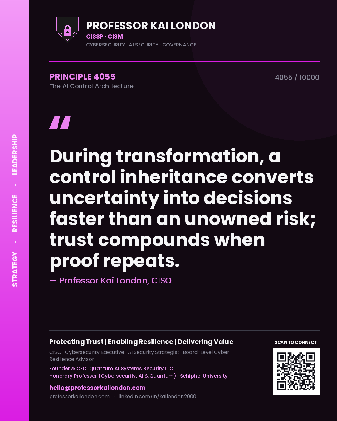 Professor Kai London principle 4055: During transformation, a control inheritance converts uncertainty into decisions faster than an unowned risk; trust compounds when proof repeats.
