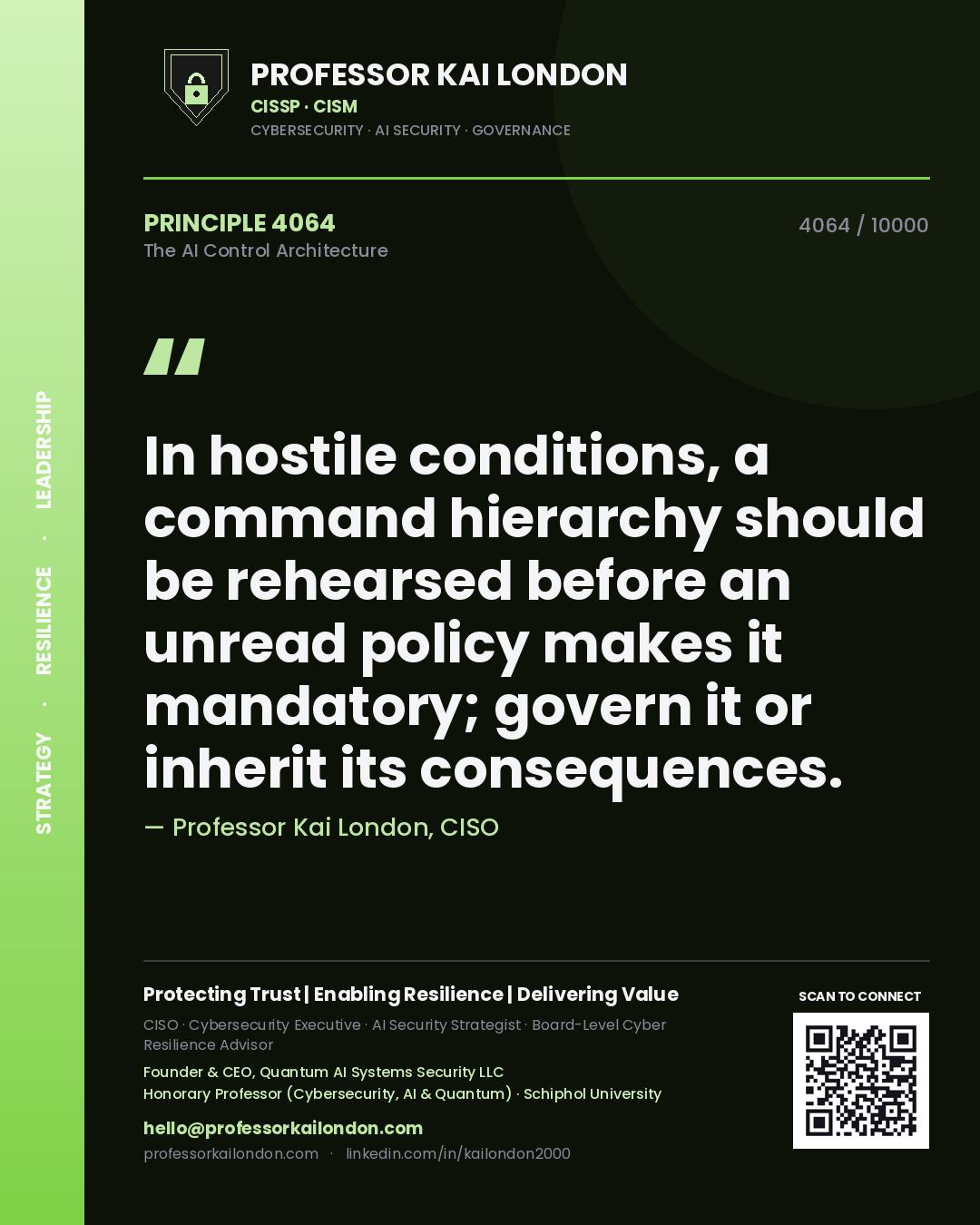 Quote card by Professor Kai London reading 'In hostile conditions, a command hierarchy should be rehearsed before an unread policy makes it mandatory; govern it or inherit its consequences.'. From the book The AI Control Architecture.