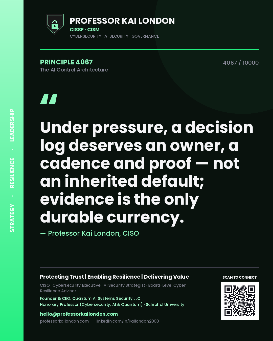 Quote card by Professor Kai London reading 'Under pressure, a decision log deserves an owner, a cadence and proof — not an inherited default; evidence is the only durable currency.'. From the book The AI Control Architecture.
