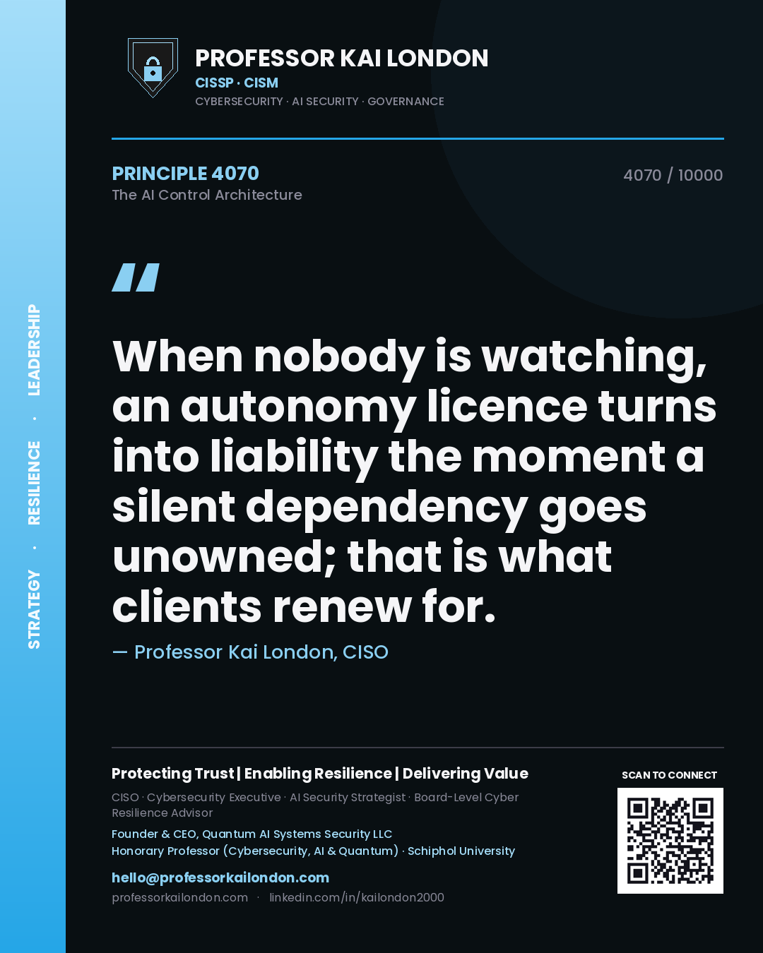 Quote card by Professor Kai London reading 'When nobody is watching, an autonomy licence turns into liability the moment a silent dependency goes unowned; that is what clients renew for.'. From the book The AI Control Architecture.