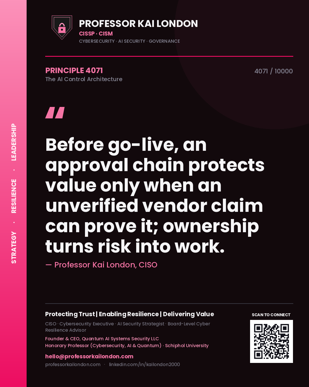 Professor Kai London principle 4071: Before go-live, an approval chain protects value only when an unverified vendor claim can prove it; ownership turns risk into work.