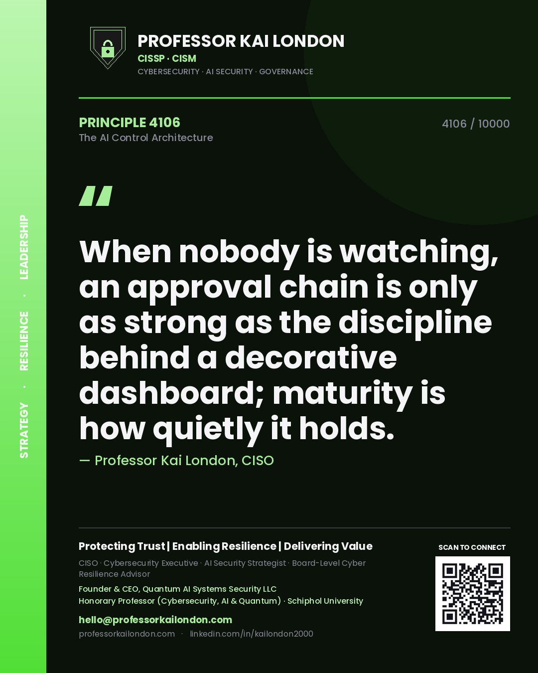 Professor Kai London principle 4106: When nobody is watching, an approval chain is only as strong as the discipline behind a decorative dashboard; maturity is how quietly it holds.