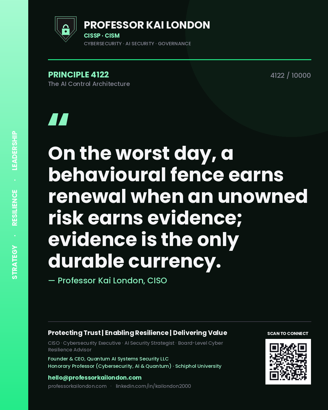 Professor Kai London principle 4122: On the worst day, a behavioural fence earns renewal when an unowned risk earns evidence; evidence is the only durable currency.