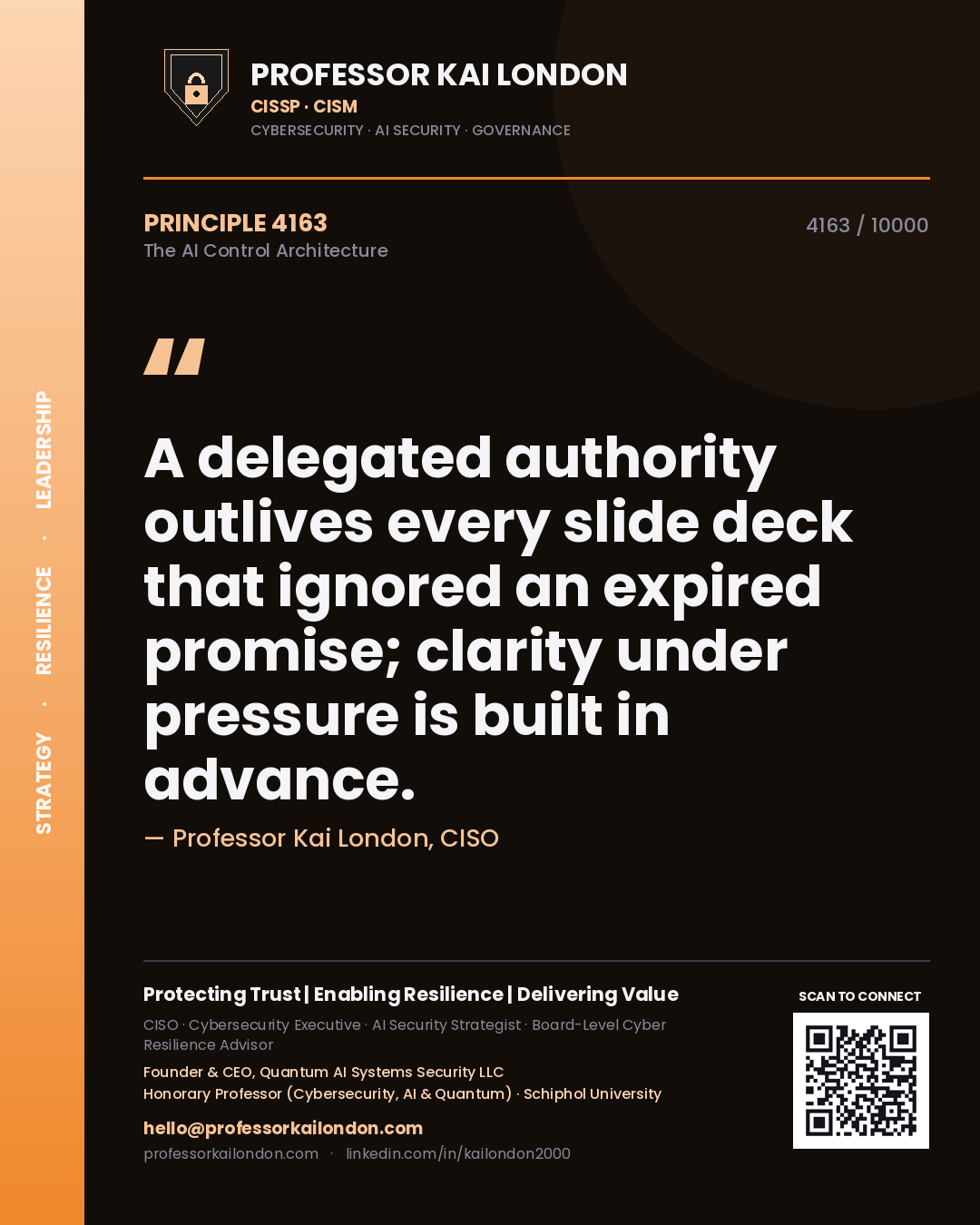 Professor Kai London principle 4163: A delegated authority outlives every slide deck that ignored an expired promise; clarity under pressure is built in advance.