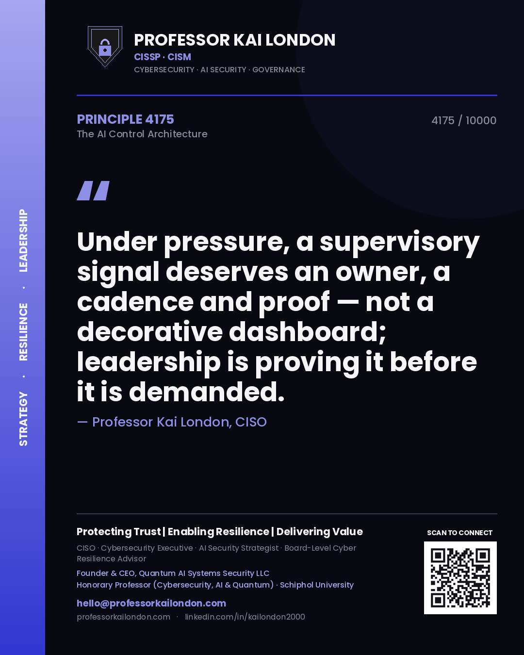 Professor Kai London principle 4175: Under pressure, a supervisory signal deserves an owner, a cadence and proof — not a decorative dashboard; leadership is proving it before it is demanded.