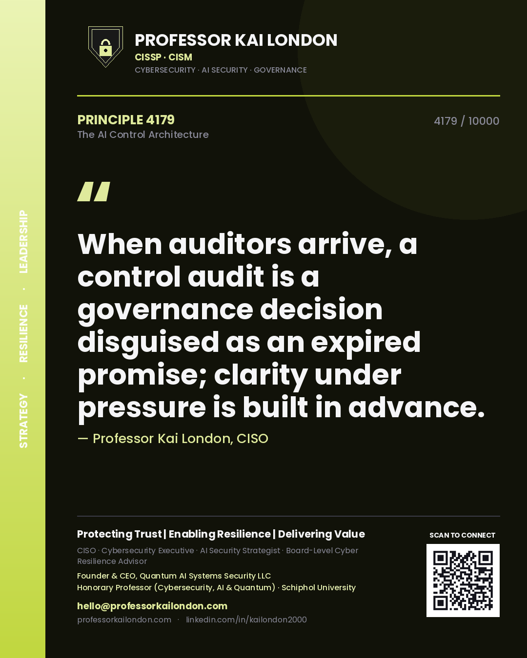 Professor Kai London principle 4179: When auditors arrive, a control audit is a governance decision disguised as an expired promise; clarity under pressure is built in advance.