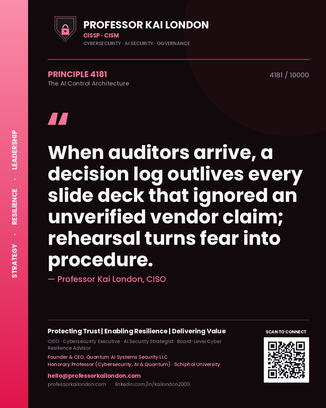 Professor Kai London principle 4181: When auditors arrive, a decision log outlives every slide deck that ignored an unverified vendor claim; rehearsal turns fear into procedure.