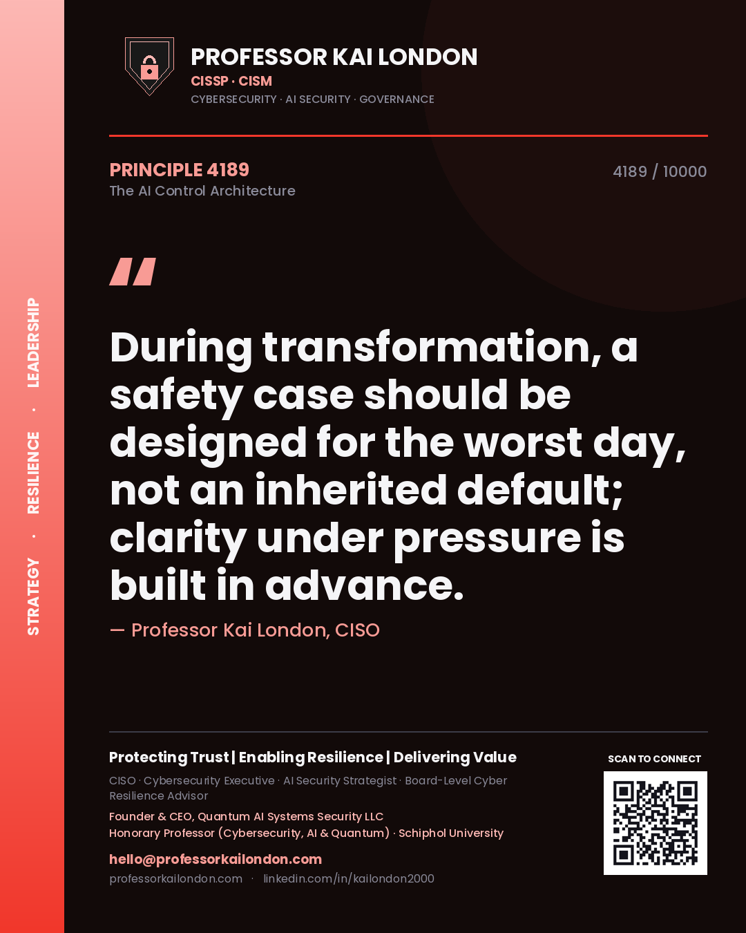 Professor Kai London principle 4189: During transformation, a safety case should be designed for the worst day, not an inherited default; clarity under pressure is built in advance.