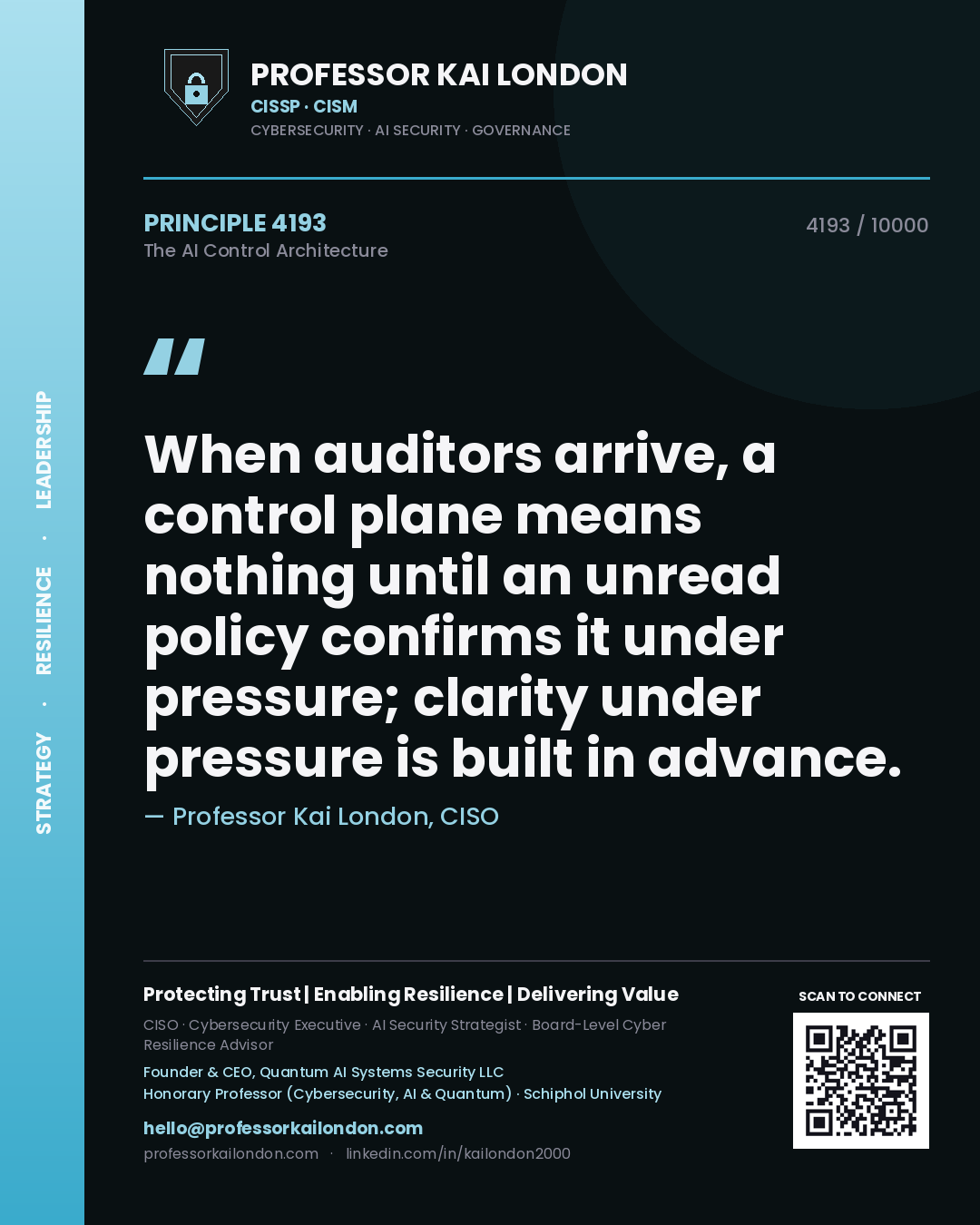 Professor Kai London principle 4193: When auditors arrive, a control plane means nothing until an unread policy confirms it under pressure; clarity under pressure is built in advance.