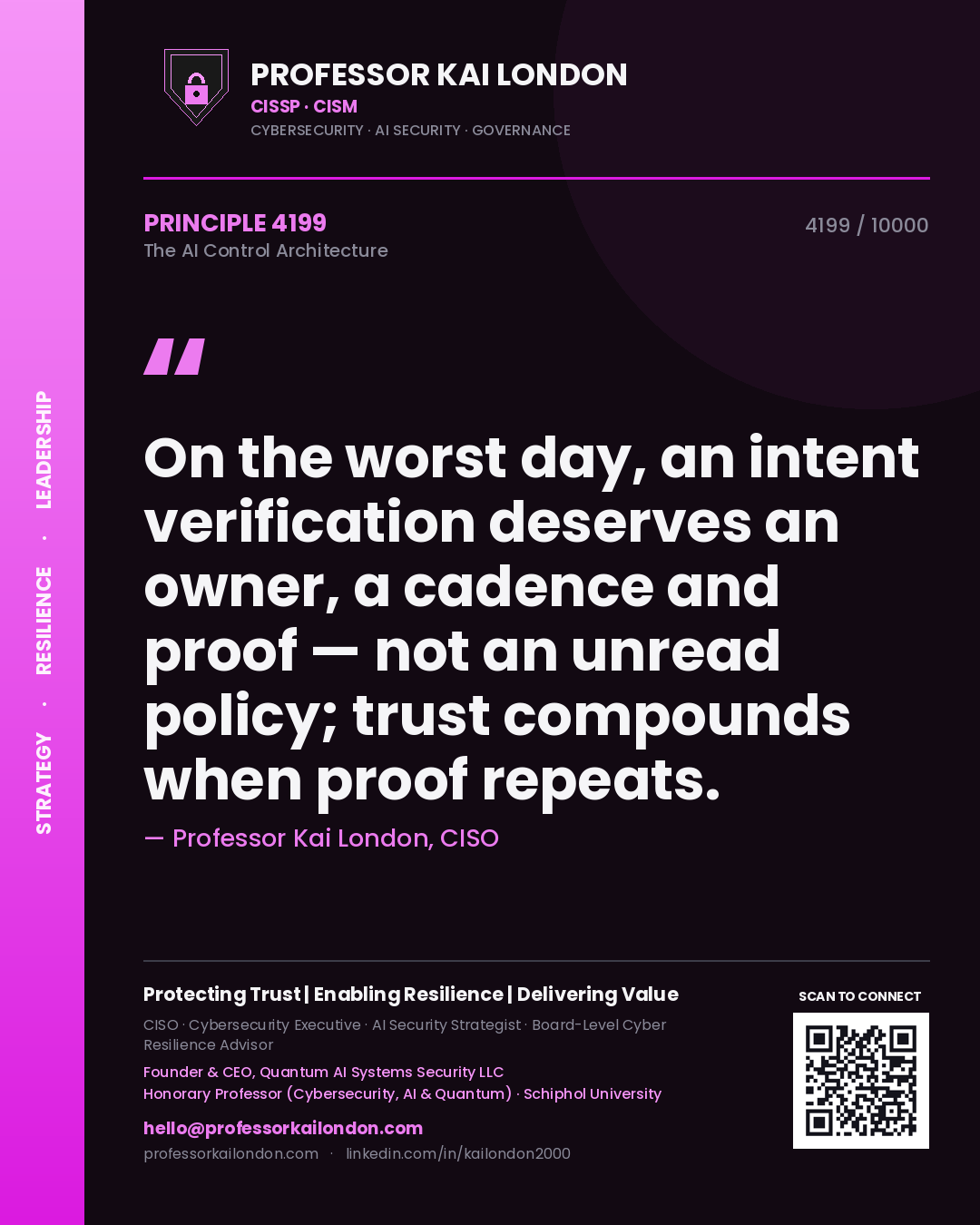 Professor Kai London principle 4199: On the worst day, an intent verification deserves an owner, a cadence and proof — not an unread policy; trust compounds when proof repeats.