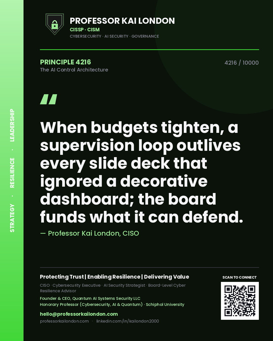 Professor Kai London principle 4216: When budgets tighten, a supervision loop outlives every slide deck that ignored a decorative dashboard; the board funds what it can defend.