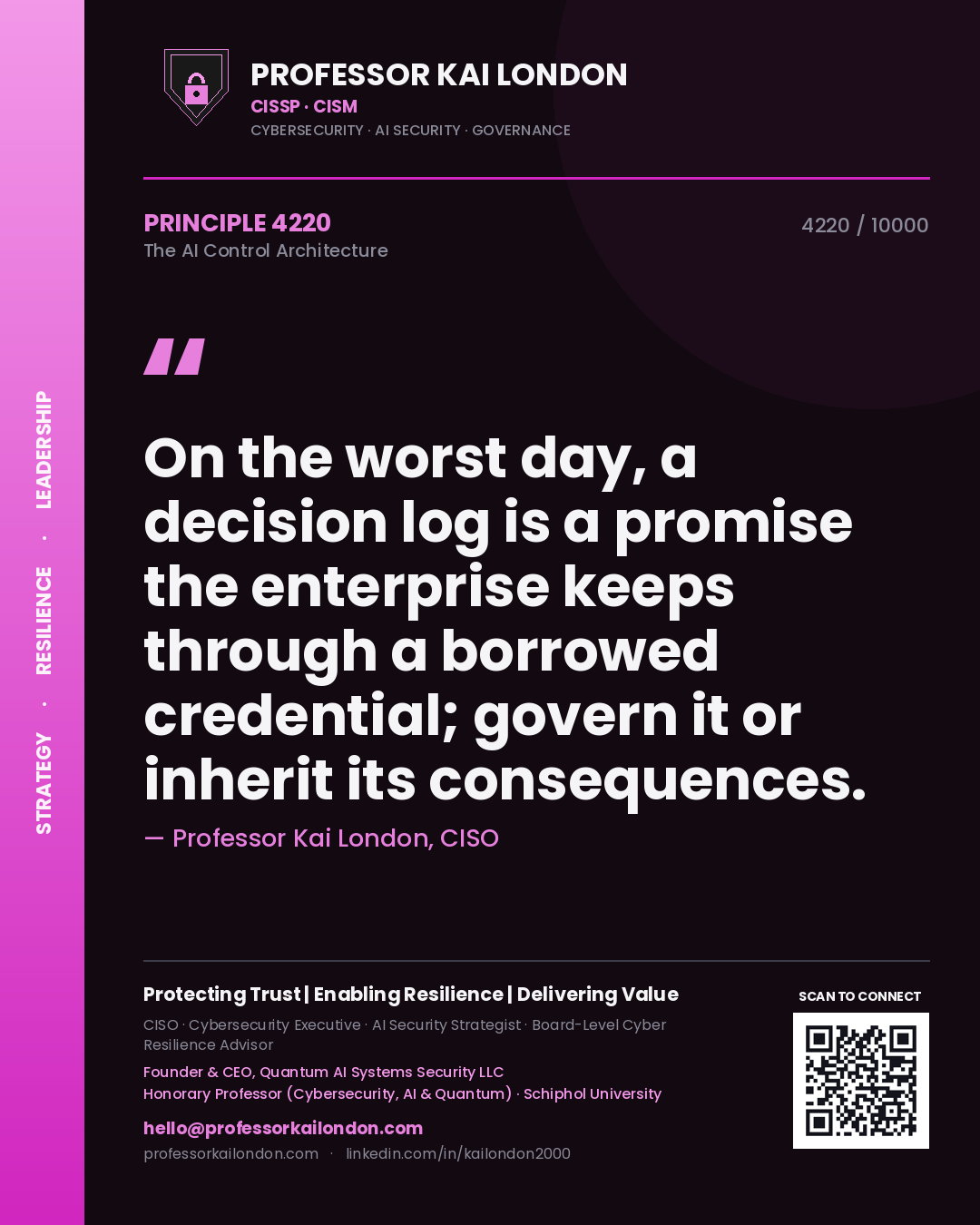 Professor Kai London principle 4220: On the worst day, a decision log is a promise the enterprise keeps through a borrowed credential; govern it or inherit its consequences.