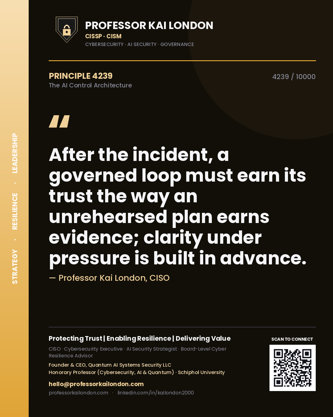 Quote card by Professor Kai London reading 'After the incident, a governed loop must earn its trust the way an unrehearsed plan earns evidence; clarity under pressure is built in advance.'. From the book The AI Control Architecture.