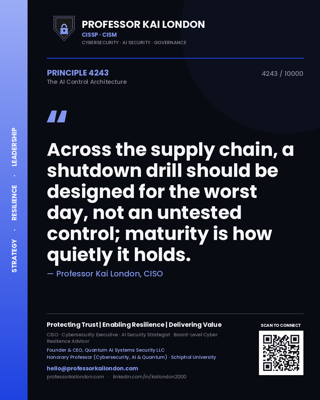 Quote card by Professor Kai London reading 'Across the supply chain, a shutdown drill should be designed for the worst day, not an untested control; maturity is how quietly it holds.'. From the book The AI Control Architecture.