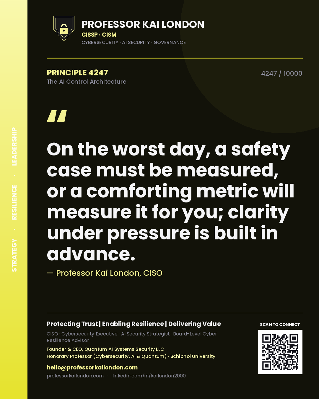 Professor Kai London principle 4247: On the worst day, a safety case must be measured, or a comforting metric will measure it for you; clarity under pressure is built in advance.