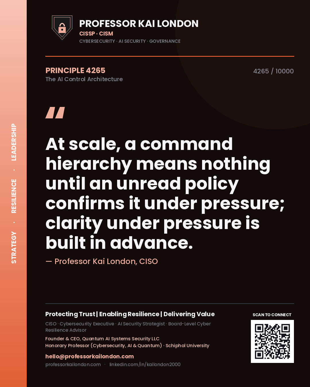 Quote card by Professor Kai London reading 'At scale, a command hierarchy means nothing until an unread policy confirms it under pressure; clarity under pressure is built in advance.'. From the book The AI Control Architecture.