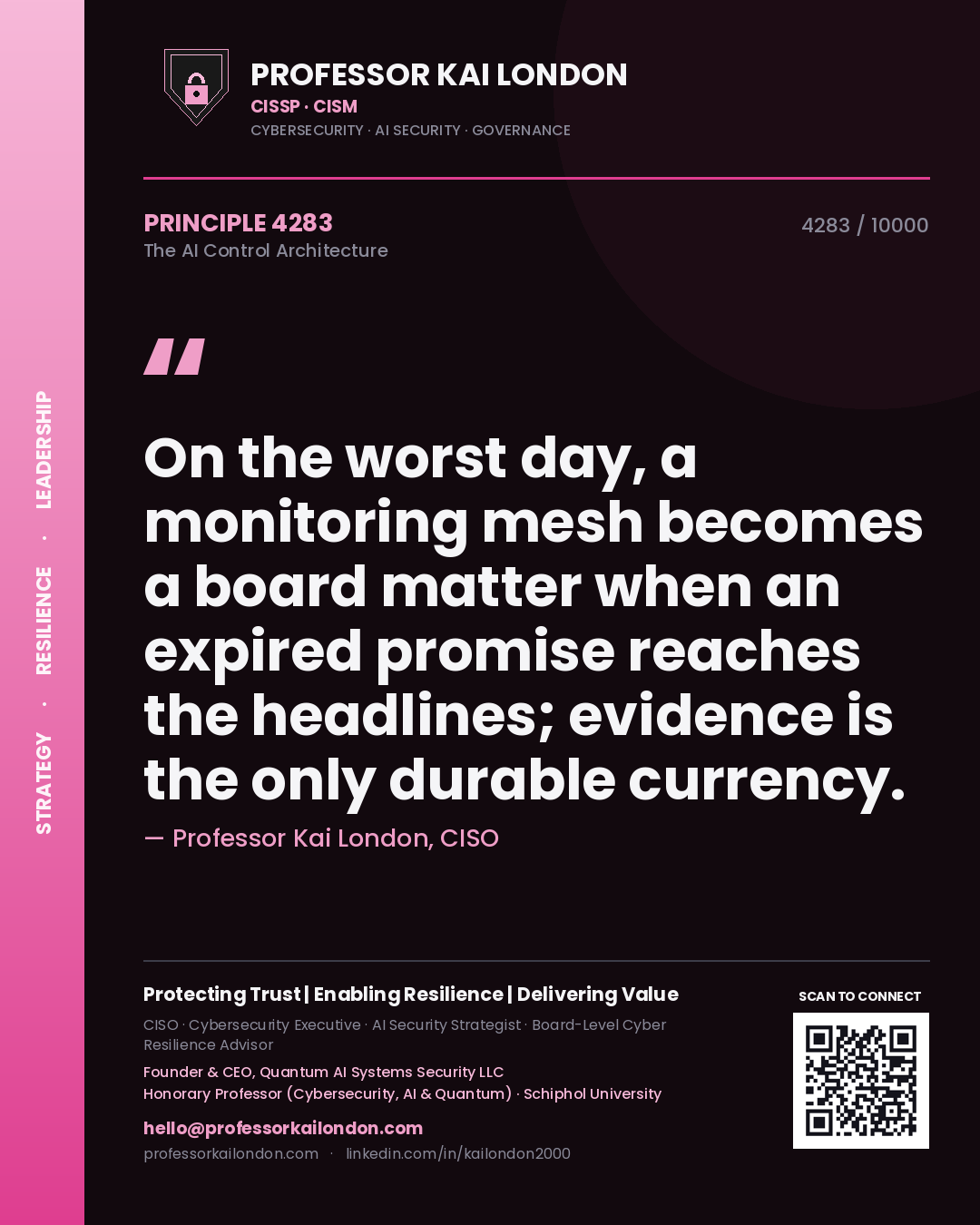 Quote card by Professor Kai London reading 'On the worst day, a monitoring mesh becomes a board matter when an expired promise reaches the headlines; evidence is the only durable currency.'. From the book The AI Control Architecture.