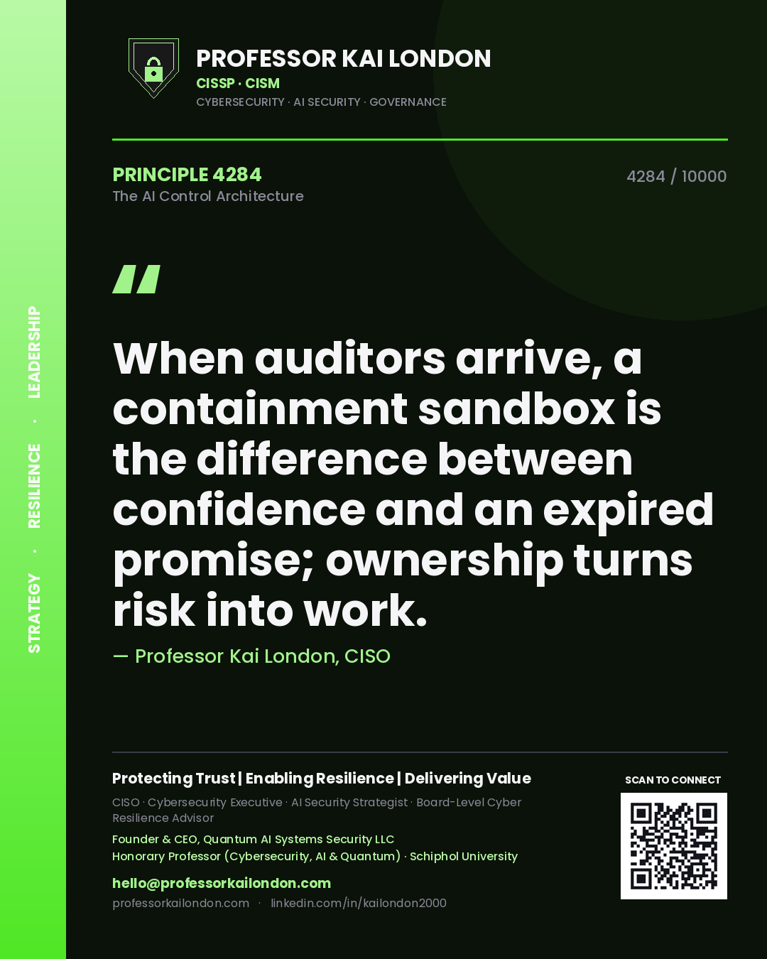 Quote card by Professor Kai London reading 'When auditors arrive, a containment sandbox is the difference between confidence and an expired promise; ownership turns risk into work.'. From the book The AI Control Architecture.