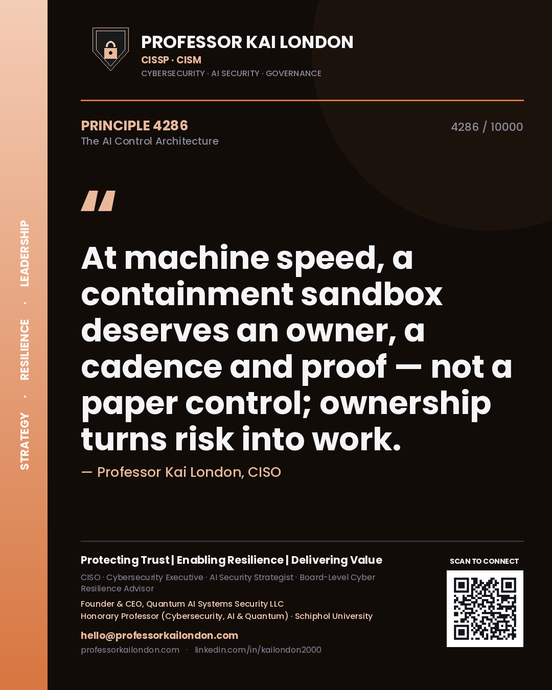Professor Kai London principle 4286: At machine speed, a containment sandbox deserves an owner, a cadence and proof — not a paper control; ownership turns risk into work.