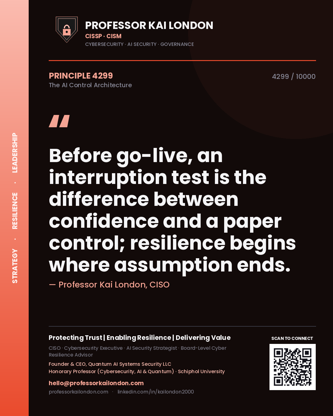 Professor Kai London principle 4299: Before go-live, an interruption test is the difference between confidence and a paper control; resilience begins where assumption ends.