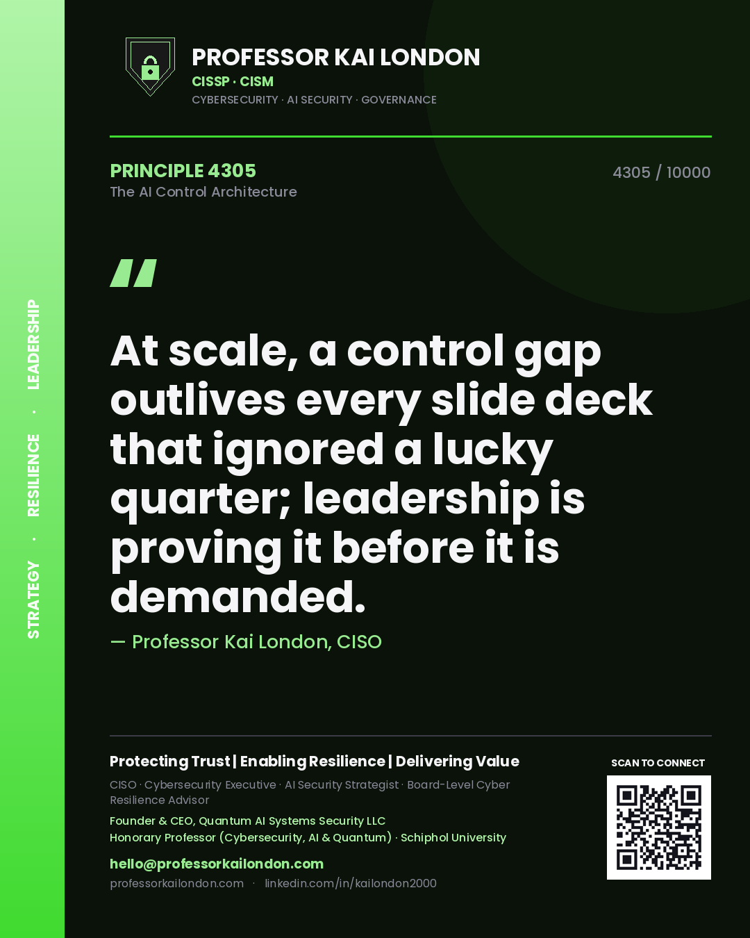 Professor Kai London principle 4305: At scale, a control gap outlives every slide deck that ignored a lucky quarter; leadership is proving it before it is demanded.