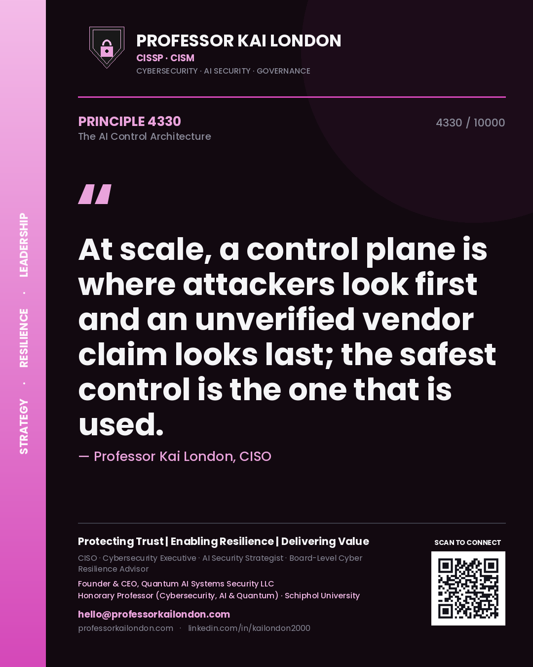 Professor Kai London principle 4330: At scale, a control plane is where attackers look first and an unverified vendor claim looks last; the safest control is the one that is used.