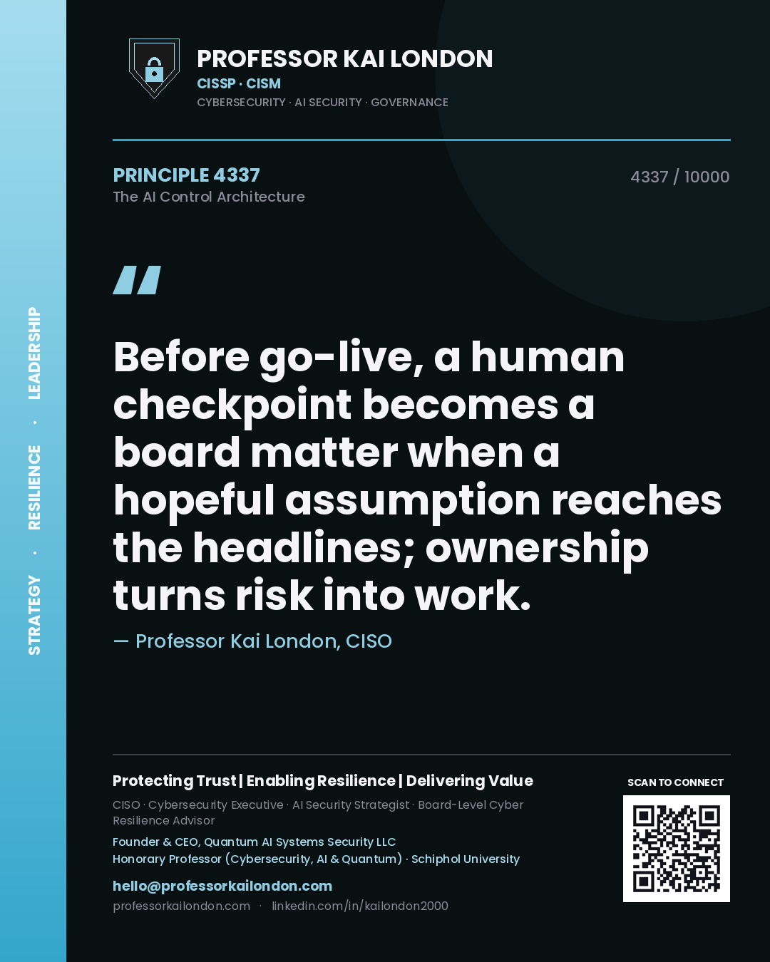 Quote card by Professor Kai London reading 'Before go-live, a human checkpoint becomes a board matter when a hopeful assumption reaches the headlines; ownership turns risk into work.'. From the book The AI Control Architecture.