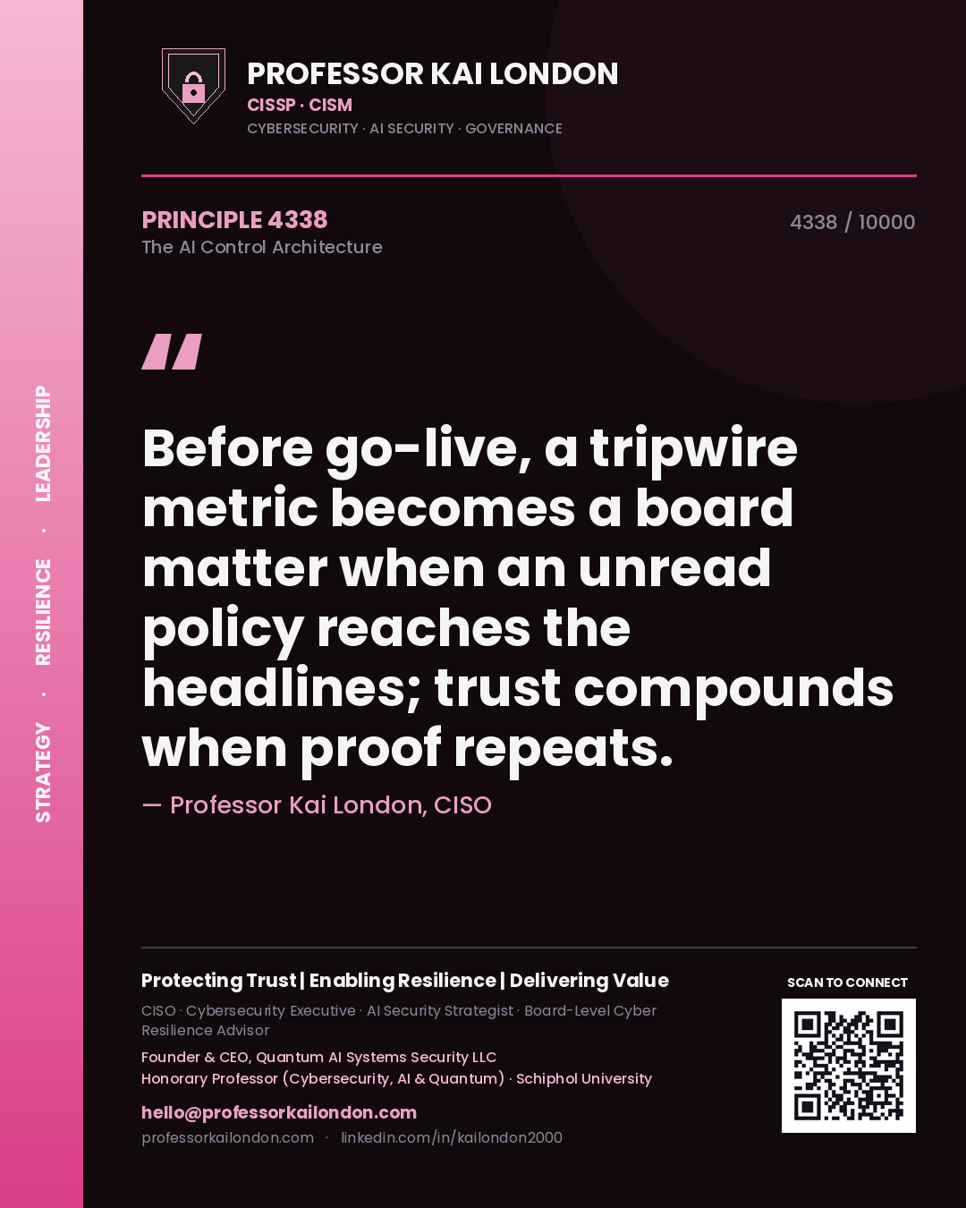 Professor Kai London principle 4338: Before go-live, a tripwire metric becomes a board matter when an unread policy reaches the headlines; trust compounds when proof repeats.