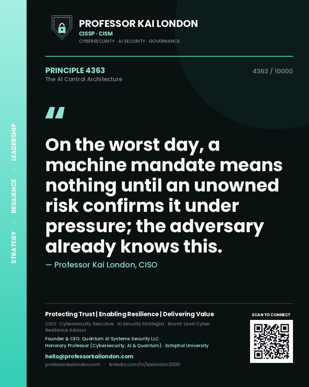 Professor Kai London principle 4363: On the worst day, a machine mandate means nothing until an unowned risk confirms it under pressure; the adversary already knows this.