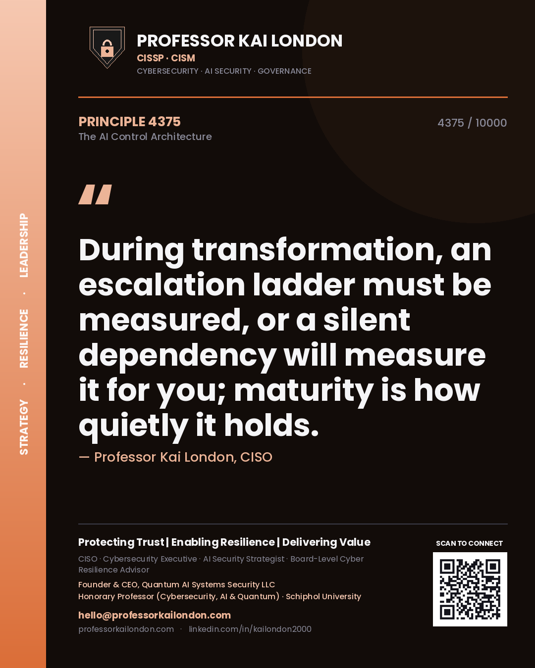 Quote card by Professor Kai London reading 'During transformation, an escalation ladder must be measured, or a silent dependency will measure it for you; maturity is how quietly it holds.'. From the book The AI Control Architecture.