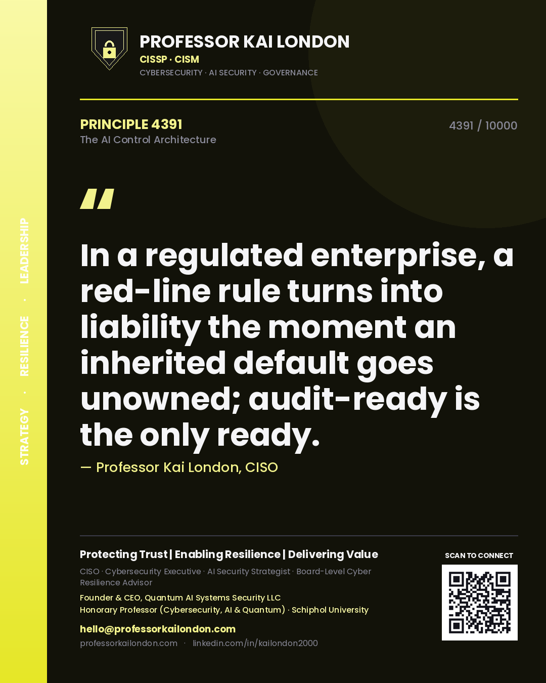 Professor Kai London principle 4391: In a regulated enterprise, a red-line rule turns into liability the moment an inherited default goes unowned; audit-ready is the only ready.