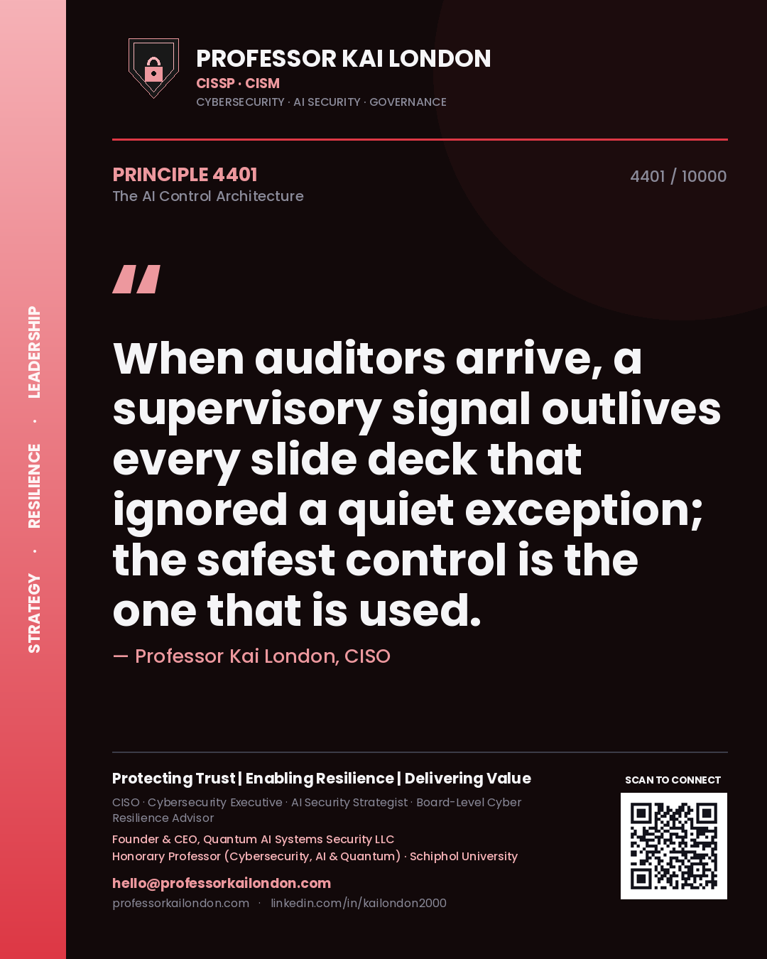 Professor Kai London principle 4401: When auditors arrive, a supervisory signal outlives every slide deck that ignored a quiet exception; the safest control is the one that is used.
