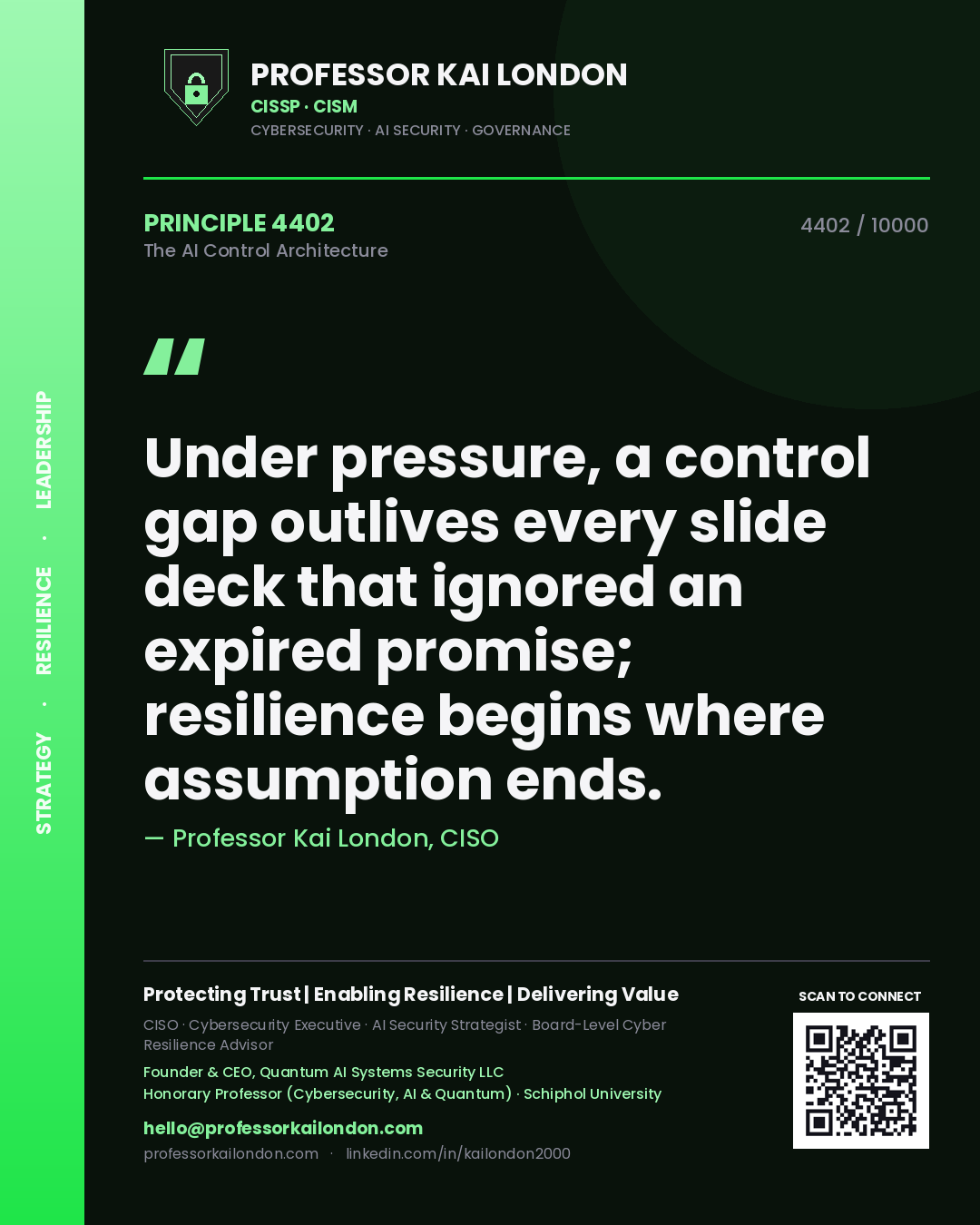 Quote card by Professor Kai London reading 'Under pressure, a control gap outlives every slide deck that ignored an expired promise; resilience begins where assumption ends.'. From the book The AI Control Architecture.