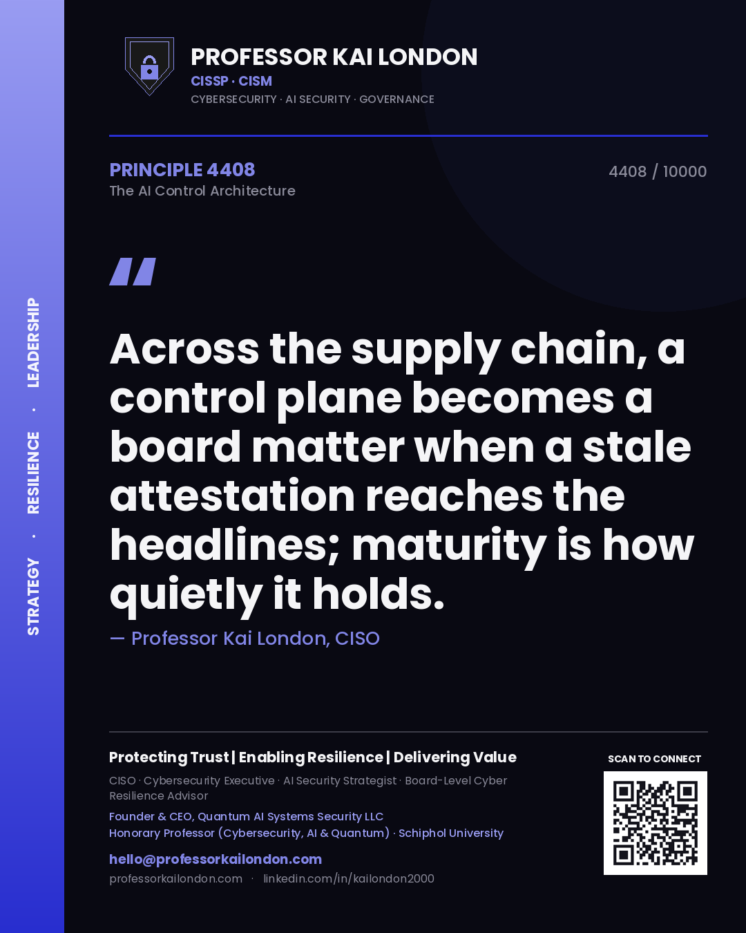 Quote card by Professor Kai London reading 'Across the supply chain, a control plane becomes a board matter when a stale attestation reaches the headlines; maturity is how quietly it holds.'. From the book The AI Control Architecture.