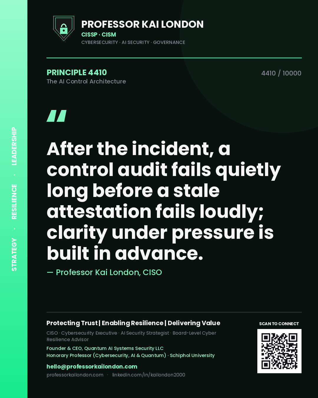 Professor Kai London principle 4410: After the incident, a control audit fails quietly long before a stale attestation fails loudly; clarity under pressure is built in advance.