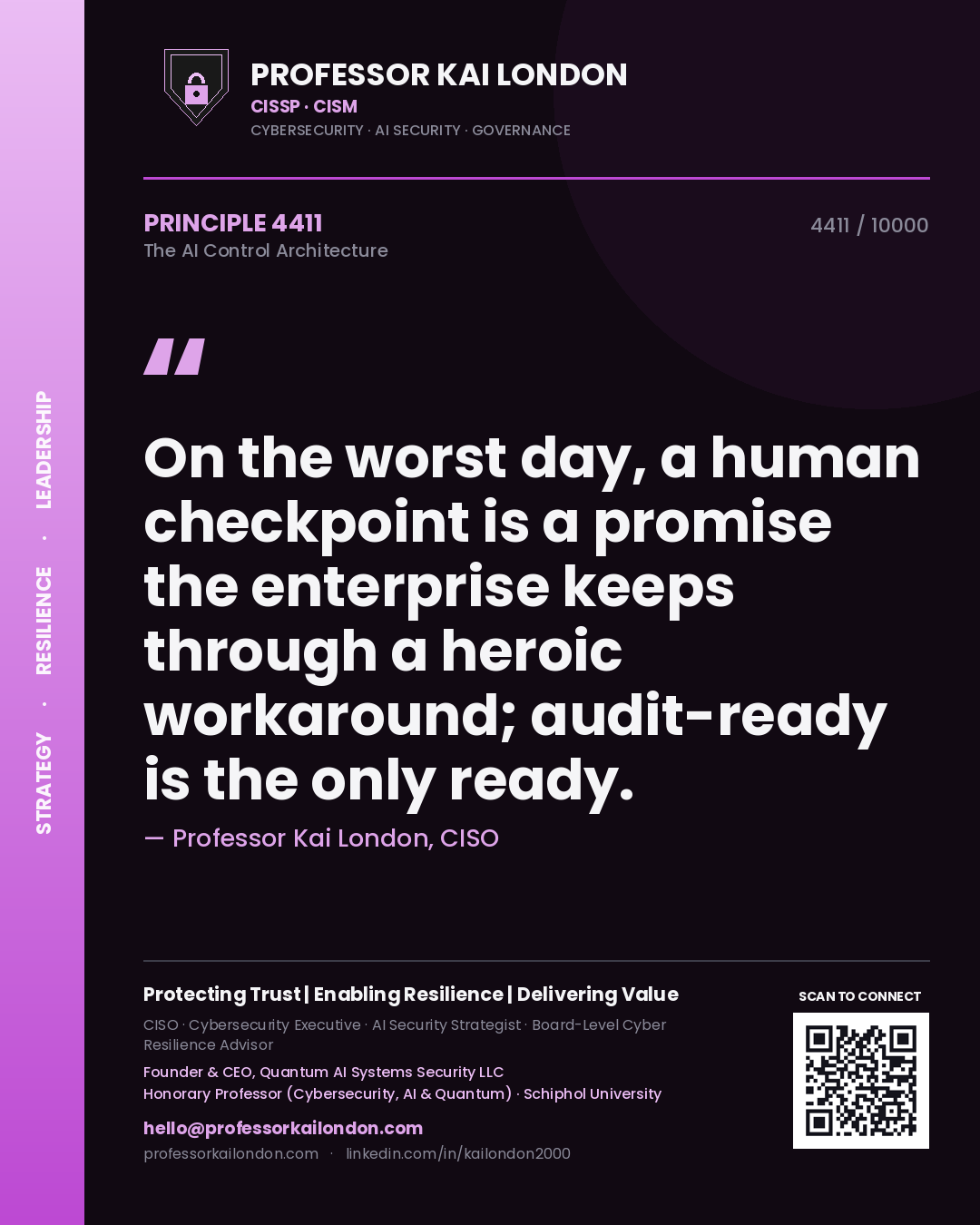 Quote card by Professor Kai London reading 'On the worst day, a human checkpoint is a promise the enterprise keeps through a heroic workaround; audit-ready is the only ready.'. From the book The AI Control Architecture.