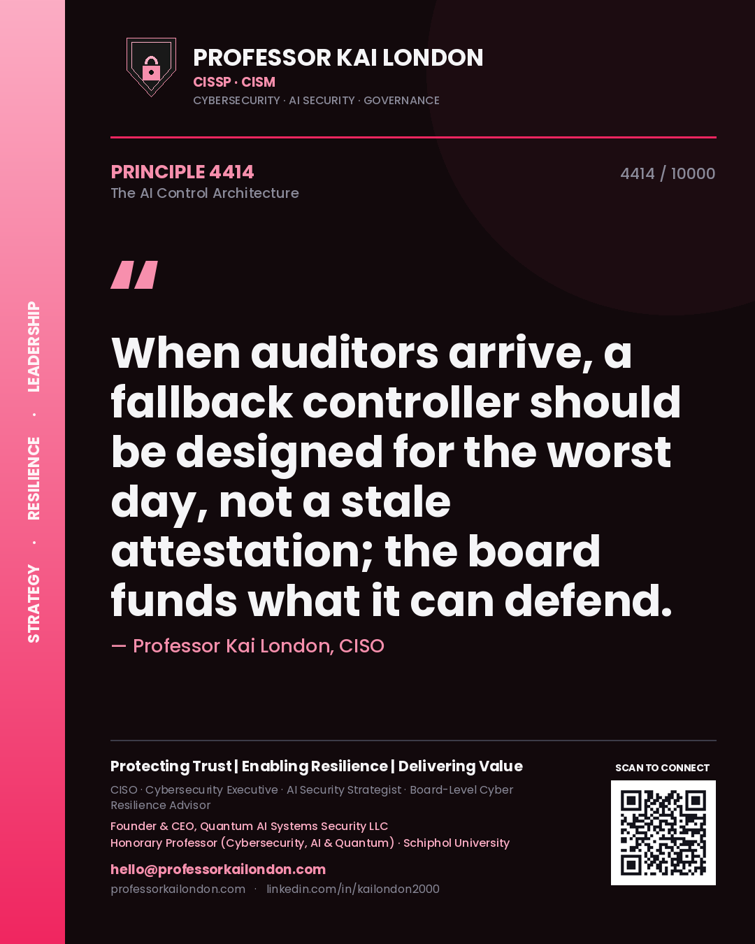 Professor Kai London principle 4414: When auditors arrive, a fallback controller should be designed for the worst day, not a stale attestation; the board funds what it can defend.