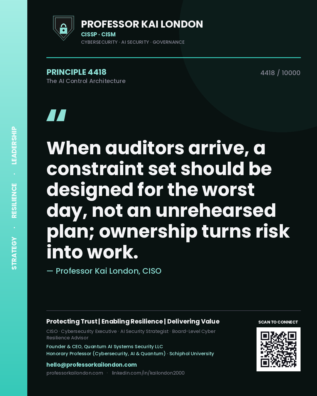 Professor Kai London principle 4418: When auditors arrive, a constraint set should be designed for the worst day, not an unrehearsed plan; ownership turns risk into work.